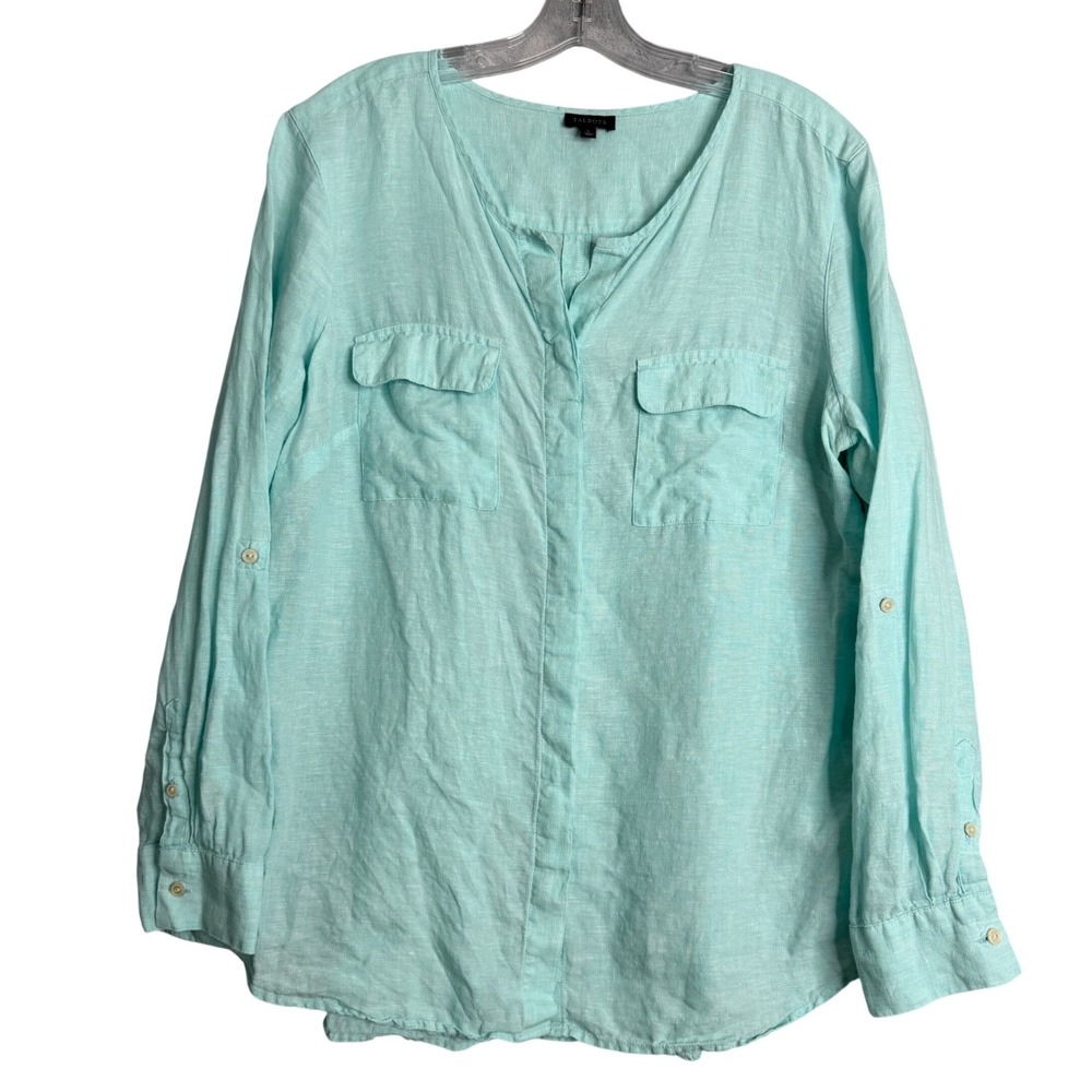 Talbots 100% Linen Button Front Top Womens L Blue Coastal‎ Preppy Lagenlook